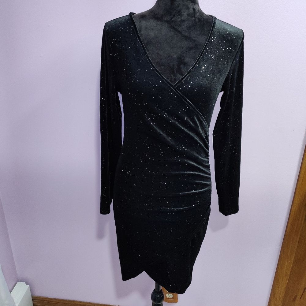 Sexyasasii Dress Small Black Sparkle Vneck Stretchy Bodycon Cocktail Party